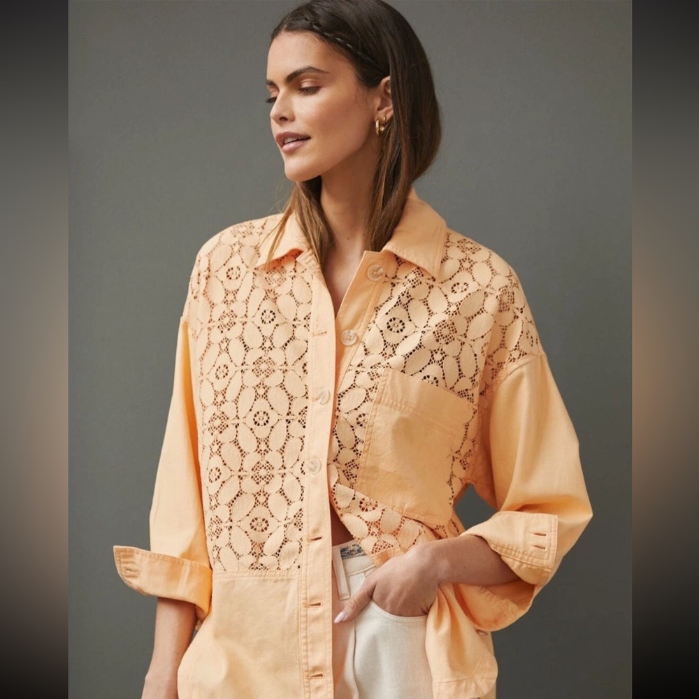 Anthropologie Apricot Lace Button-Down‎ Shirt Jacket Size Small